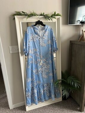Light Blue Floral Midi Dress with Tassel Tie